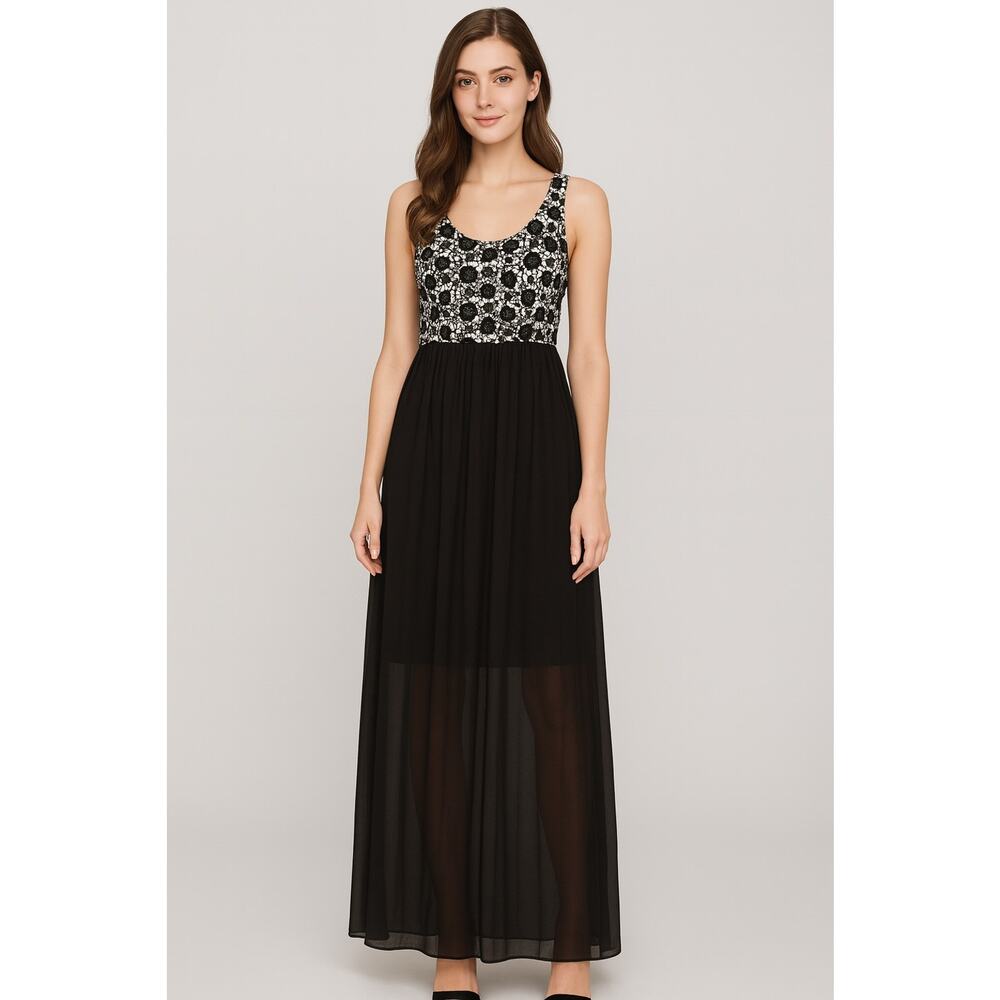 LC Lauren Conrad Womens Floral Lace Bodice Chiffon Maxi Dress Black‎ Cream 12